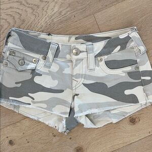 True Religion Gray and White Camouflage Jean Shorts